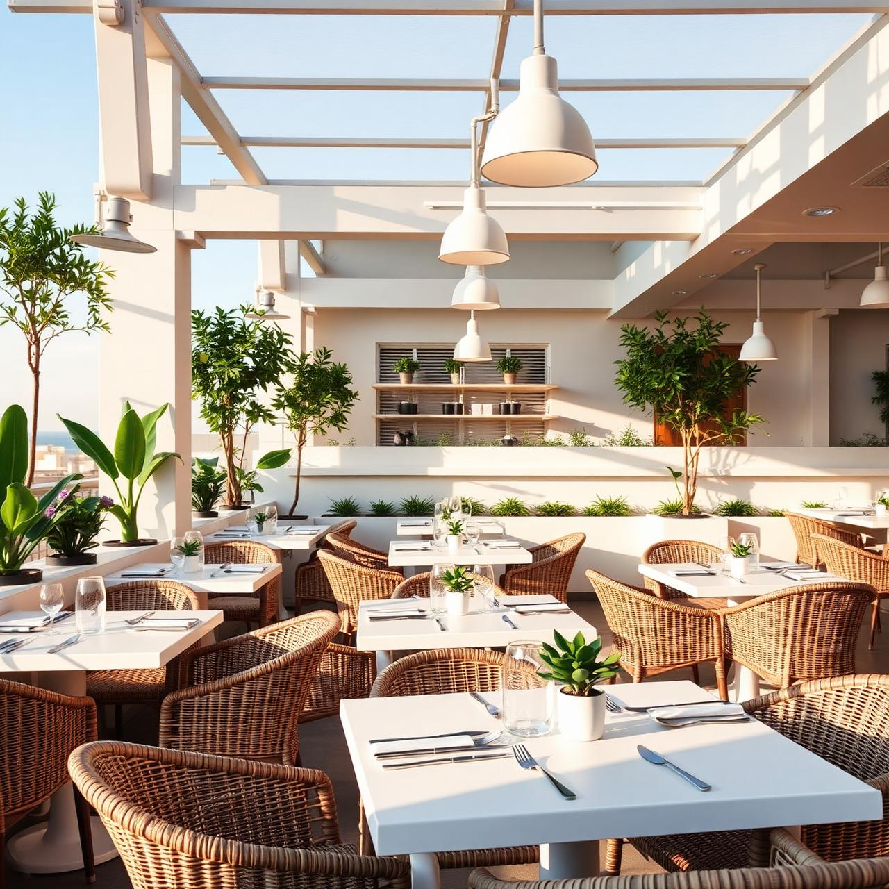 Bright airy rooftop dining area