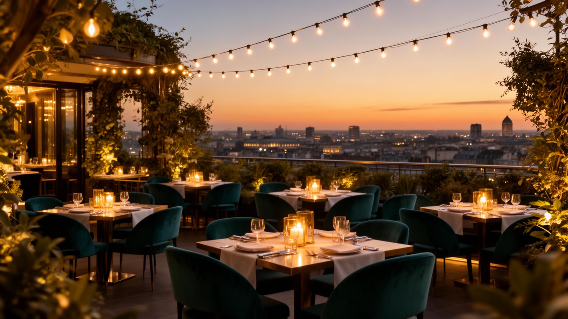 Rooftop Restaurant at golden hour with city views